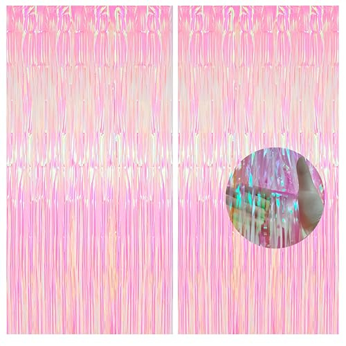 2pcs Holographic Pink Glitter Tinsel Curtain Backdrop, 1 * 2m Iridescent Foil Door Fringe Tassel Tinsel for Girls Fairy Princess Party Decorations
