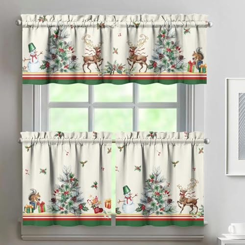 Christmas Kitchen Curtains and Valances Set of 3, Elk Berry Holly Decor, Winter Xmas Short Curtain Set for Bedroom Holiday Decor 24 Inch
