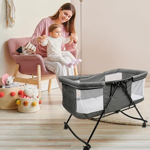 HUOLE 2 in 1 Baby Bett mit Rollen, Matratze, Beistellbett Baby und Freistehendes Kinderbett, Nachttisch Baby Krippe Faltbar,Stubenwagen Bett Netz106*92 * 55cm-grau