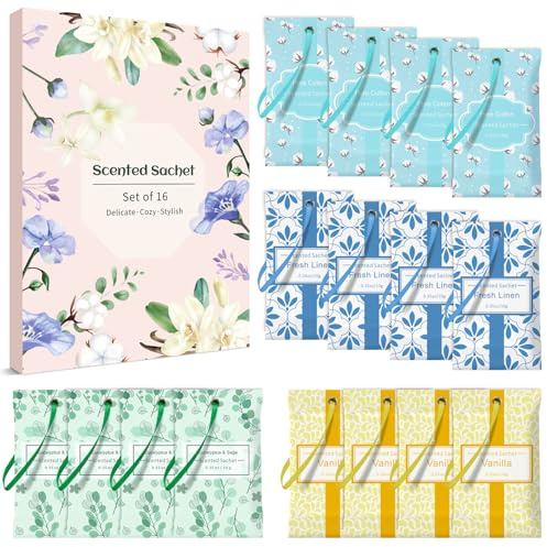 LASENTEUR Scented Sachets 16 Pack, Fresh Linen, Cotton, Vanilla | Eucalyptus Sage, Fragrance Sachets for Drawers, Wardrobes, Closets, Bedroom, Office, Car, Suitcase and Sports Bag