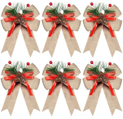 Warmiehomy 6 Pieces Christmas Bows Red Christmas Tree Decorations Bows for Gift Wrapping Christmas Tree Wreath Present Decorations Outdoor Indoor Christmas Tree Bow Ornaments Decor, Linen Yellow