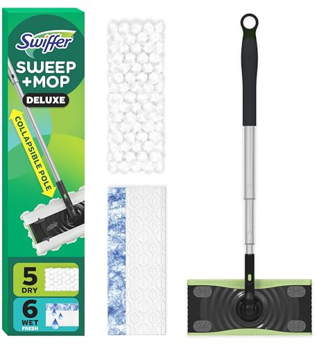 Swiffer Sweep & Mop Deluxe 2-in-1 Floor Mopping and Sweeping Kit, Multi-Surface Kit for Floor Cleaning, Kit Includes 1 Sweeper Device, 5 Heavy Duty Dry Sweeping Cloths, 6 Heavy Duty Wet Mopping Cloths