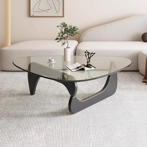 WappiGo Tables de salon, extrémité moderne du milieu du siècle avec base en bois massif, table basse triangulaire en verre trempé, table centrale vintage pour salon, balcon