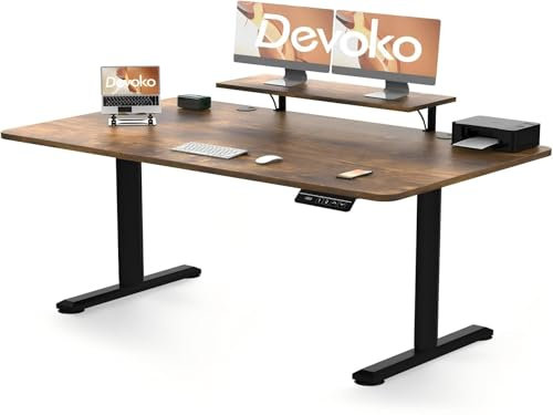 Devoko 180×80cm Electric Height Adjustable Desk, with Monitor Stand, Computer Desk, with 2 Height Memory Functions, for Bedroom Study Office(Rustic Brown)