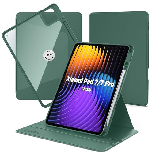 EasyAcc Coque compatible avec Xiaomi Mi Pad 7 / Mi Pad 7 Pro (11,2 pouces) avec porte-stylos, protection avec rotation à 360 degrés, support coque claire arrière, vert nuit foncé