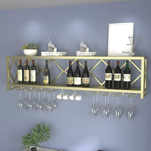JYHHGDS Botellero de Pared con Soporte para Copas, Ideal para Decorar tu vinoteca, de 2 Niveles, para Barra de Cocina, Dorado/Negro, 150 x 25 x 45 cm.