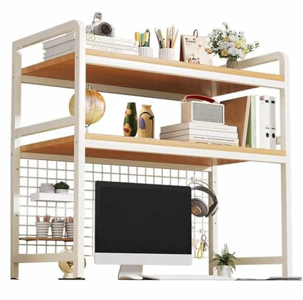 FPIGSHS 2-Tier Desktop Bookshelf Metal/wood Multipurpose Countertop Hutch Organizer Shelf, Desk Shelf unit Office Storage Shelves Desktop Display stand (white, 95cm)