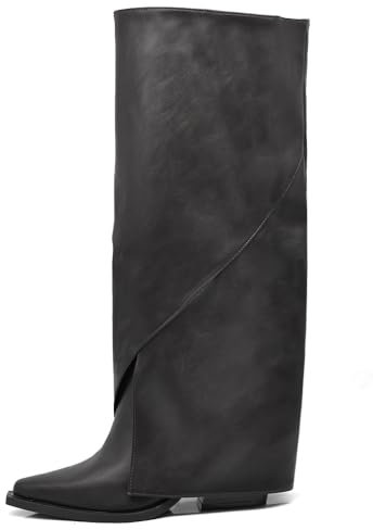 IF Stivali Donna con gambale rovesciato Ghetta Integrata e Punta Squadrata Gambale Alto Asimmetrico con Tacco Nascosto 2701-1 Nero N.41