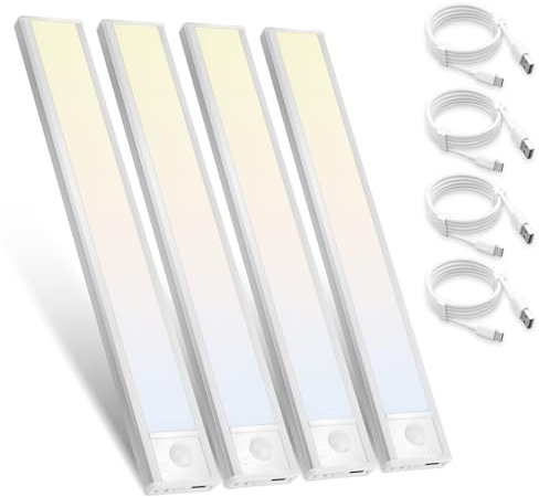 Homefire Schrankbeleuchtung LED Unterbauleuchte Küche - 20CM 4 Stück Unterschrank Beleuchtung mit Bewegungssensor USB Wiederaufladbar Schranklicht Dimmbar 3 Farbtemperatur für Küchenschrank Treppe