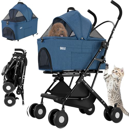 BAKAJI Passeggino per Animali Domestici 2 in 1 Carico Massimo 40kg Pieghevole e Salvaspazio, Capsula Rimovibile, Carrozzina per Cani e Gatti con Trasportino Removibile e Cestello Portaoggetti (Blu)