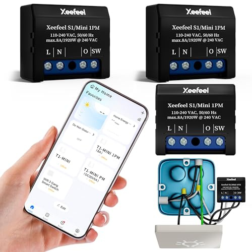 Xeefeel Mini 1PM WLAN & Bluetooth Smart Relais Schalter, 3 Stück | Smart-Relaisschalter 1 Kanal 8A, Wlan-Repeater, Leistungsmessung, Fernsteuerung, für Alexa Google Home Sprachsteuerung
