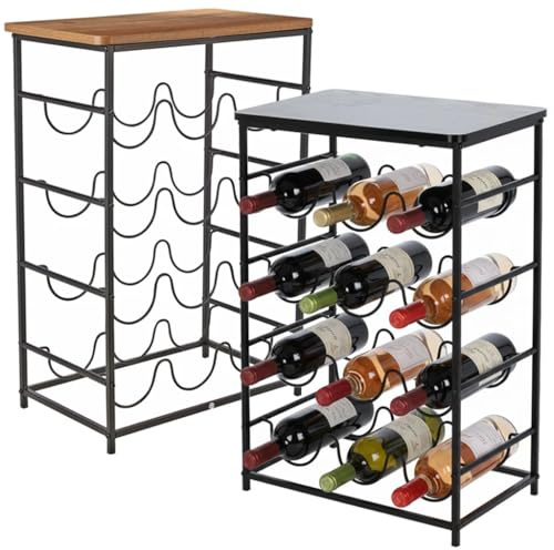 URBNLIVING Stackable 12 Bottle Wine Rack Freestanding Metal Storage Stand with Wooden Top Shelf Kitchen Counter Wine Holder Display Rack for Home Bar Dining Room (Brown)