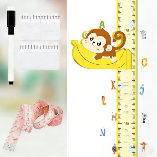 Wachstumsmesslatte magnetisch 180cm, Affenkopf ohne Bohren mit Stift | magnetischer Affenkopf, PE‑Material, rückstandslos ablösbar, wiederbeschreibbar, Zusatz‑Klettstreifen Dekoraufkleber