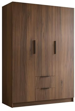 Mirjan24 Kleiderschrank Conate I 150, Schrank, Garderobe, Organizer, 3-türig, 2 Schubladen für mehr Stauraum, Aluminiumgriffe, gedämpftem Schließsystem (Nuss Warmia + Schwarz)