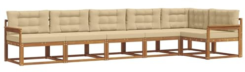 vidaXL Outdoor-Sofagarnitur mit Kissen 6 pcs Natur und Beige, Garten Lounge Möbel, modernes Outdoor Sofa, langlebiges Patio Sectional Sofa, Akazien entspannendes Set für Komfort im Hinterhof
