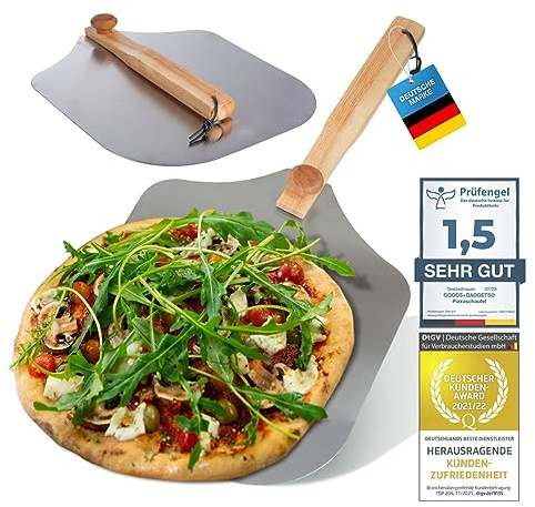 Professionell pizzaspade XXL, pizzapuff i aluminium med trähandtag, fyrkantig brödpress