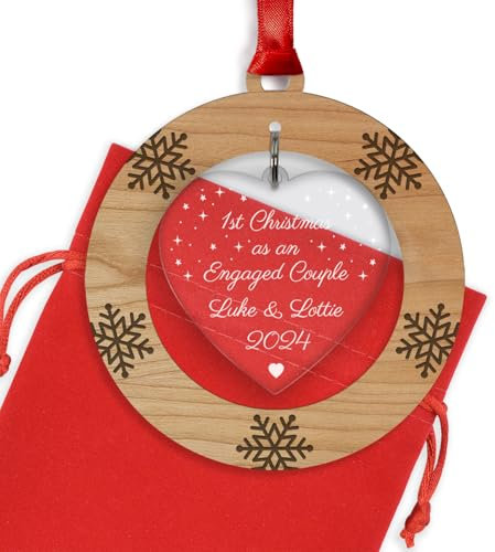 PERSONALISED First Christmas as an ENGAGED COUPLE 2025 Bauble - Cherry Veneer and Acrylic Engraved Christmas Tree Ornament - Engagement Christmas Gifts