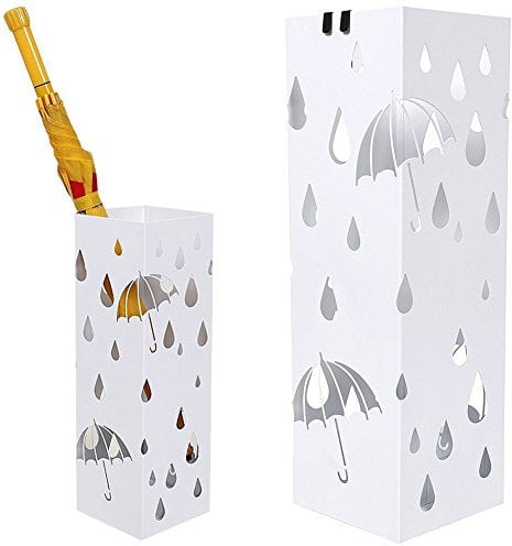 BAKAJI Porte-parapluies en fer design carré, blanc, bac anti-gouttes et crochets pour parapluies pliants, 49 x 15 x 15 cm