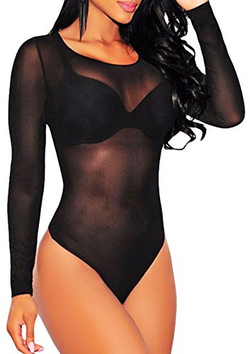 Toocool - LC6581 Damen-Body, Unterjacke, transparent, Rundhalsausschnitt, langärmelig, Schwarz , L/XL