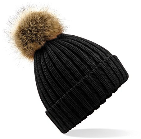 Beechfield Unisex Faux Fur Pom Chunky Beanie, schwarz, Einheitsgröße