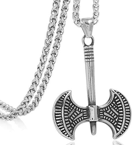 FIZIZDH Stainless Steel Nordic Double-Edged Battle Axe Pendant Necklace 24 inch Keel Link Chain Talisman Jewelry