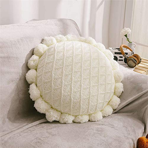 Nicole Knupfer Makramee Kissen mit Pompoms, 50 * 50cm Boho Kissen Kopfkissen Sitzkissen Dekokissen Couchkissen für Sofa Schlafzimmer Büro Auto (Cremeweiß)