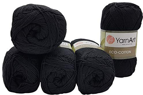 5 x 100g Strickwolle YarnArt Eco Cotton mit 85% Baumwolle, 500 Gramm Wolle einfarbig (schwarz 761)