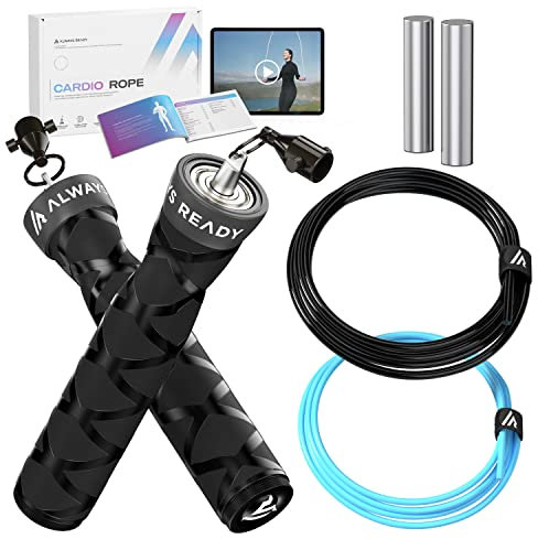 Always Ready, Weighted Skipping Rope, Best Jump Rope for Weight Loss, Home Gym & Outdoor Fitness, Adult Exercise Equipment, Includes 2 Weighted Ropes, Handle Weights, Exercise Guides (Stealth Black)