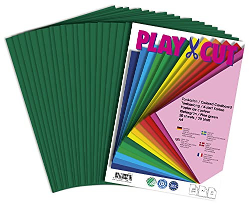 PLAY-CUT Tonkarton A4 Kiefergrün (220g/m2) | 20 Bogen Din A4 Bastelkarton Bunt | Dickes Bedruckbares Kartonpapier | Premium Druckerpapier Dicke Stärke | Karton zum Basteln