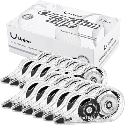 Unjoo White Correction Tape, Easy To Use Applicator for Instant Corrections Wrong Writing At Any Time, For school, Office (12pack, 5M/196 x 0.2, Black)