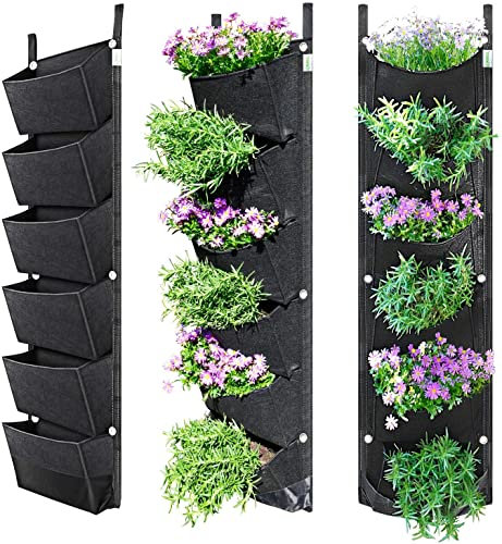 BUYTER Vaso da giardino verticale da appendere alla parete con 6 tasche per fioriere in feltro (nero)