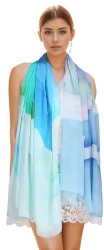 PPrettystern Damen XXL Seidenstola Sommer-Tuch Seidenschal Strand-pareo Sarong bunt Umschlagtuch Schultertuch bunt hellblau Y20