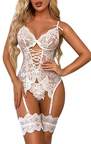 EVELIFE Dessous-Sets für Damen, sexy Spitzen-Body mit Oberschenkelmanschetten, Unterwäsche, Teddy-Babydolls mit Oberschenkel Strumpfband, ohne Strümpfe, weiß, 46