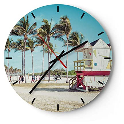 Modern Wanduhr Strand Miami Florida 40x40cm Rund Groß Wand Uhr Glas Analog Zimmeruhren Küche Büro Wohnzimmer Glasuhr Wall Clock Dekoration Design Wanddekoration Küchenuhr C3AR40x40-4332