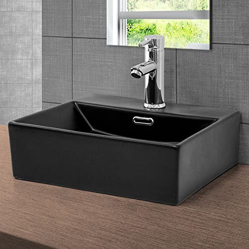 ML-Design Waschbecken aus Keramik Schwarz 415x365x130 mm Eckige Aufsatzwaschbecken, Moderne Waschtisch, Waschschale mit Überlauf und Abflussloch, Waschplatz Handwaschbecken, für Badezimmer/Gäste-WC