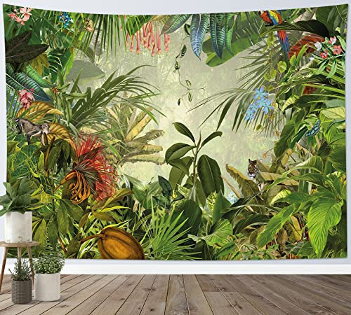 LB Tapisserie Murale Jungle tropicale Tenture Murale Feuilles Palmier Vert Animaux Sauvages Couverture Murales Plantes Fleurs Forêt Tapisseries Decoration pour Maison Salon Chambre Dortoir,150x100cm