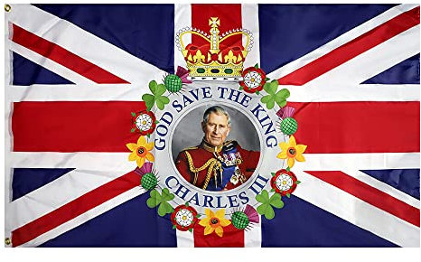 TRIXES Large King Charles III Coronation Flag - Coronation 2023 Union Jack Flag - Decorative with the King's Portrait and Floral Garland for a Garden & Street Party - Souvenir