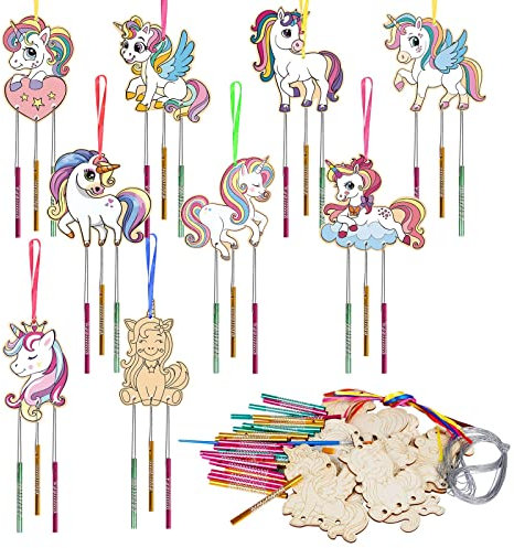 WEDNOK 9 Stück Einhörner Windspiel Kit für Kinder Machen Sie Ihr eigenes Einhorn Windspiel Holz Kunst und Handwerk für Mädchen Jungen DIY Farbe für Kunst Aktivität Party Dekoration Bithday