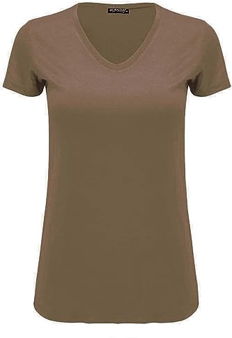 Womens Ladies Casual Cap Sleeve Plain V Neck Basic Stretchy Jersey T Shirt (18, Brown)