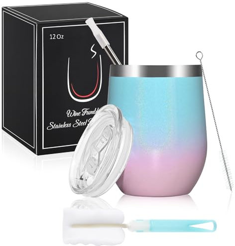 Joymaking Verre à vin en acier inoxydable - Avec couvercle - Double paroi incassable - Pour lait, café, vin, bière, champagne, cocktails, dégradé de couleur bleu-rose