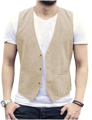 AeoTeokey Gilet d'été en lin pour homme - Gilet décontracté - Coupe droite, champagne, XXXXL