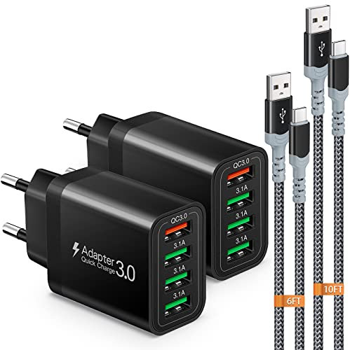 USB Ladegerät,4-Ports 33W Netzteil mit QC 3.0 USB Schnellladegerät Mehrfach mit 2 Stück 2M/3M Schnellladekabel, Adapter Stecker für iPhone 16/15, Galaxy S24/23/22/21,iPad Pro,LG, Sony