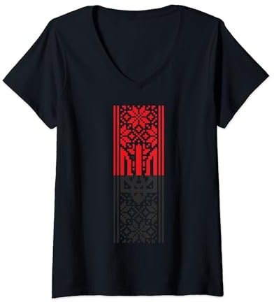 Damen Ukrainisches Wappen Dreizack rote und schwarze Flagge Vyshyvanka T-Shirt mit V-Ausschnitt
