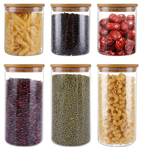 DAJAVE Set of 6 Glass Storage Jars, 3 Pcs Glass Jars with Bamboo Lids 800ml, 3 Pcs 1000ml Kitchen Storage Jar with Lids Airtight, Glasses Spaghetti Storages Jar for Pasta, Spices, Coffee Beans