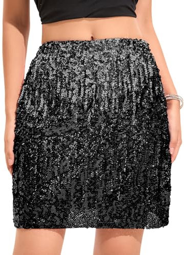 zffriction Paillettenrock für Damen Glitzer Rock Elastische Taille A-Linie Hüftrock Kurzer Rock Damen Minirock Sexy Party Rave Outfit (DE/NL/SE/PL, Alphanumerisch, M, Regular, Regular, Schwarz)