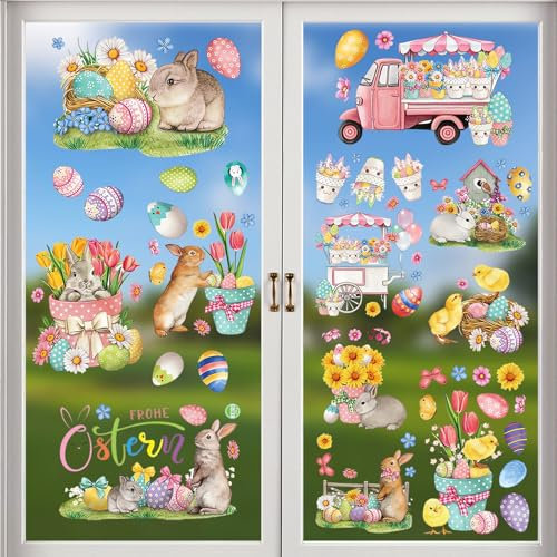 9 Blätter Ostern Fenstersticker Selbstklebend, Ostern Fenstersticker Wiederverwendbar, Frühling Ostern Fensterbilder mit Hasen Ostereier Küken, Frohe Ostern Fensterbilder