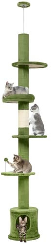 YITAHOME Adjustable Floor-to-Ceiling Cat Tree Tower, Tall Slim Cat Tower with Scratching Post, Cozy Cat Condo, Platforms and Spring Ball, Cat Poles for Indoor Cats and Kittens, Green