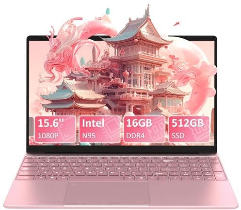 Auusda 15,6 Zoll Full-HD Laptop, 16 GB DDR4 RAM 512GB SSD, N95 Up to 3.4GHz with Fingerprint Unlock Notebook, Cooling Fan, Webcam, Dual Speakers, Mini HDMI, Student/Business Laptop - Rosa