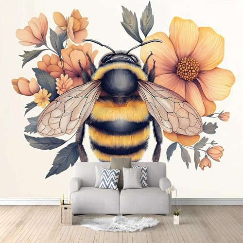 Fototapete 350 x 256 cm, Gelb Design Wandtapete, Vliestapete Bild Dekoration Wand-Dekor Einfache Aquarellbienen Motiv-Tapete Panorama Poster Tapete Wandbild