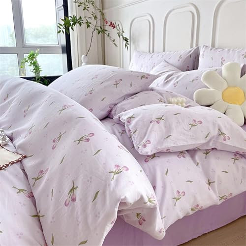 Freyamy Blumen Bettwäsche 135x200cm 4teilig Lila Violett Grün Floral Mädchen Bettwaren-Sets Blumenmuster Microfaser Kinder Deckenbezug 2 Bettbezug mit Reißverschluss und 2 Kissenbezug 80x80cm